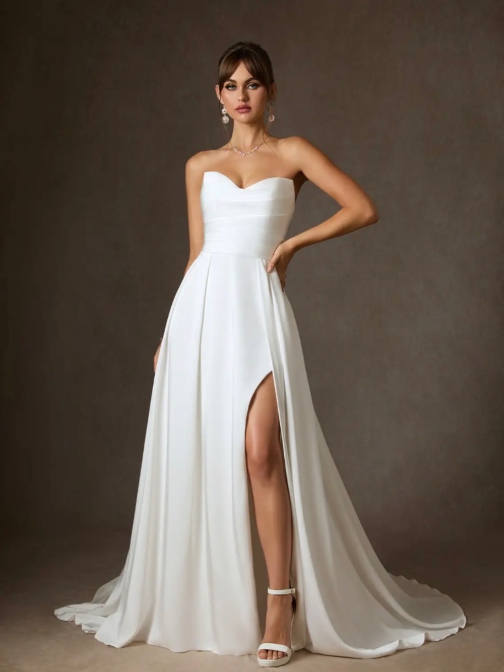 Azazie Marisela Diamond White A-Line Sequins Crepe Back Satin Dress